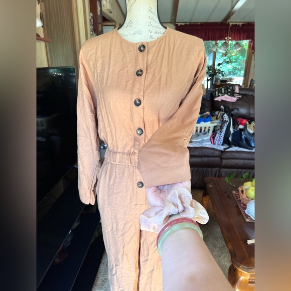 ASOS Design textured button front jumper in camel jumpsuit. - Picture 8 of 16